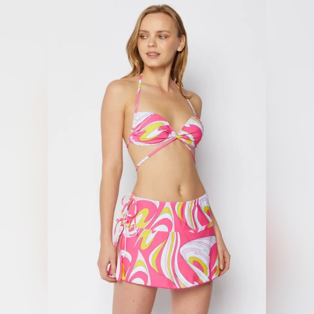 Marina West Retro Triangle Bandeau Bikini 3 Piece Set With Cover Up Skirt